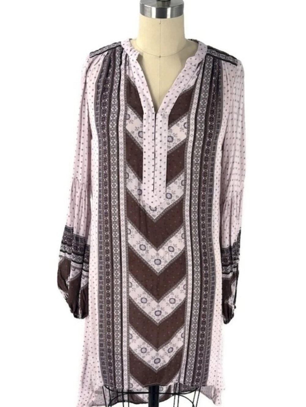 Free People Peacemaker V-Neck Mini Dress Womens XS Boho Rayon Lavender Brown